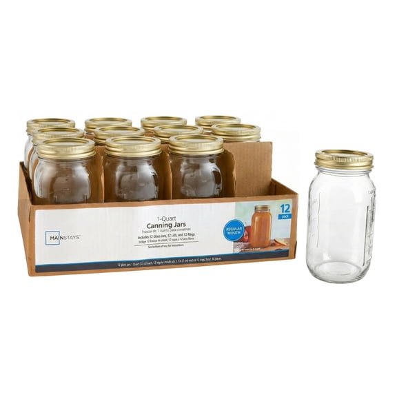 Mainstays 32 oz Mason Jars, Regular Mouth Quart Canning Jars with Lids and Rings, 12-Pack Large Glass Jars for Home Canning and Fermenting