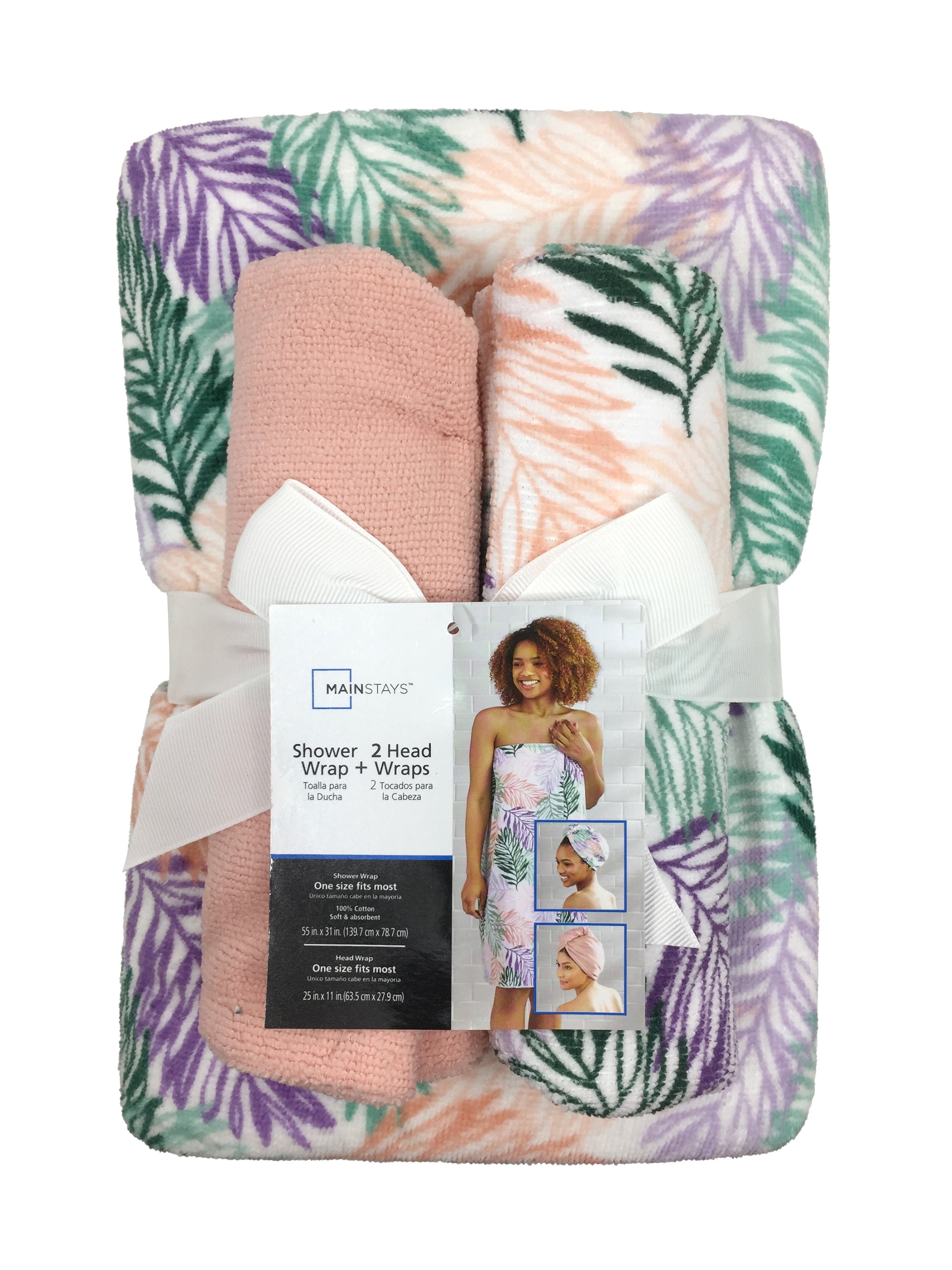Mainstays 3pc Bath Bundle Body Wrap Towel and Hair Wrap Towels, Palms