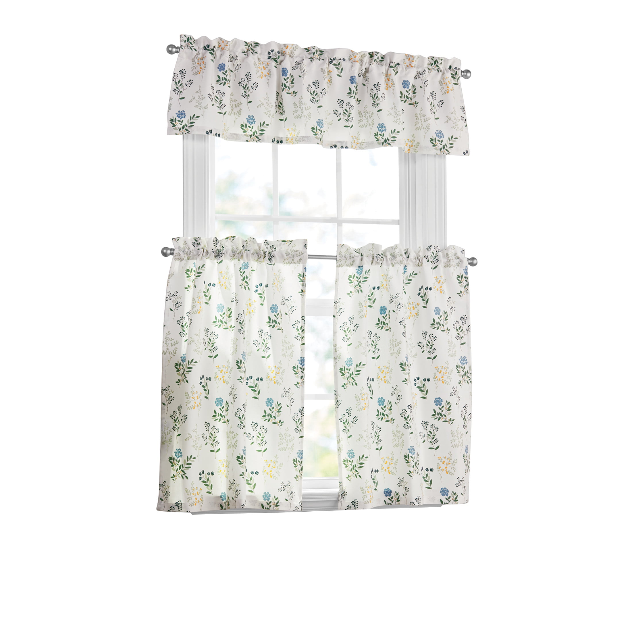 Mainstays 3 Piece Floral Multi Printed Curtain Tier Set, 56"W x 14"L