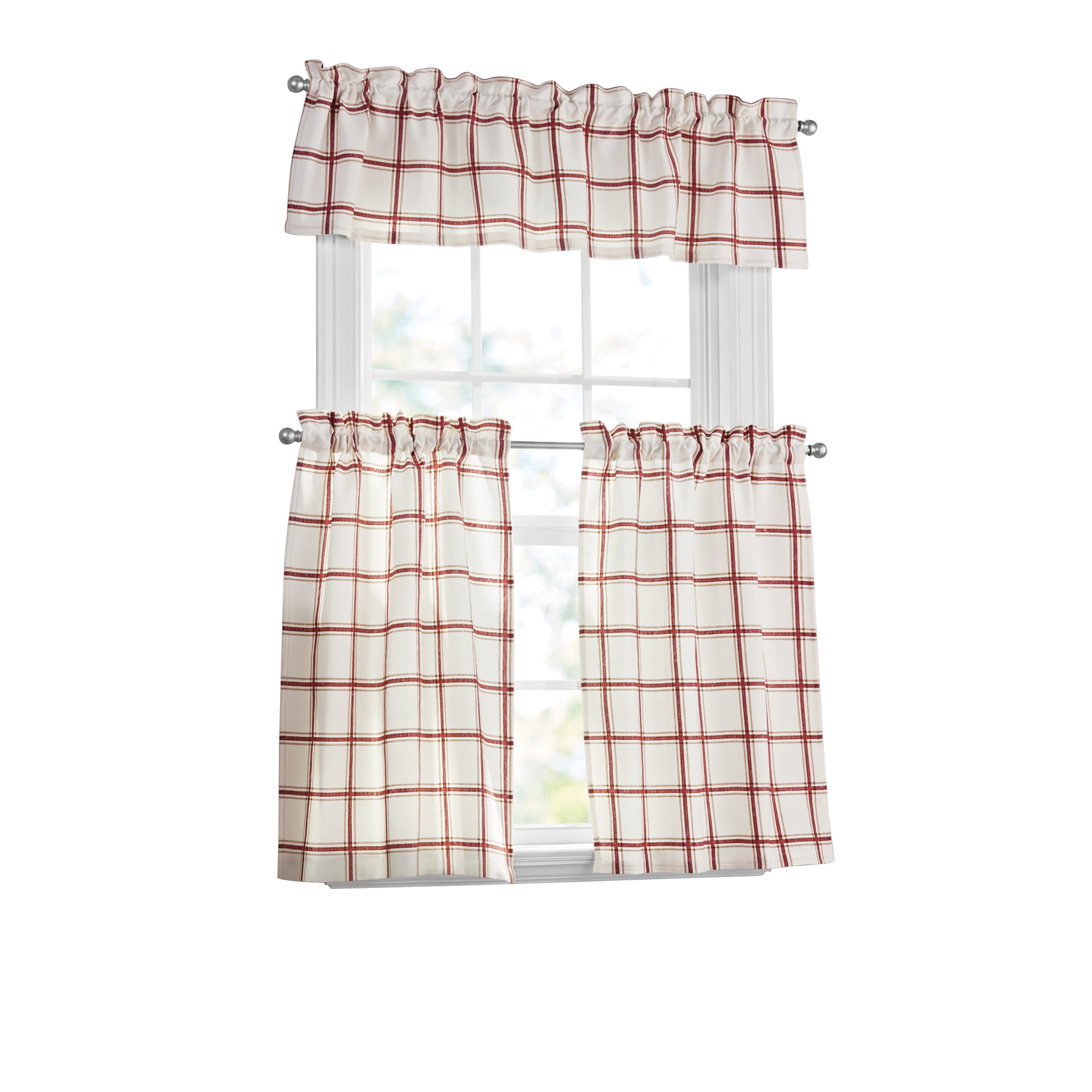 Mainstays 3 Pieces Printed Tier Sets Red Plaid, Recycled Polyester, BCI Cotton, 56"W x 14"L, Indoor Curtain, Indoor Curtain, Adult