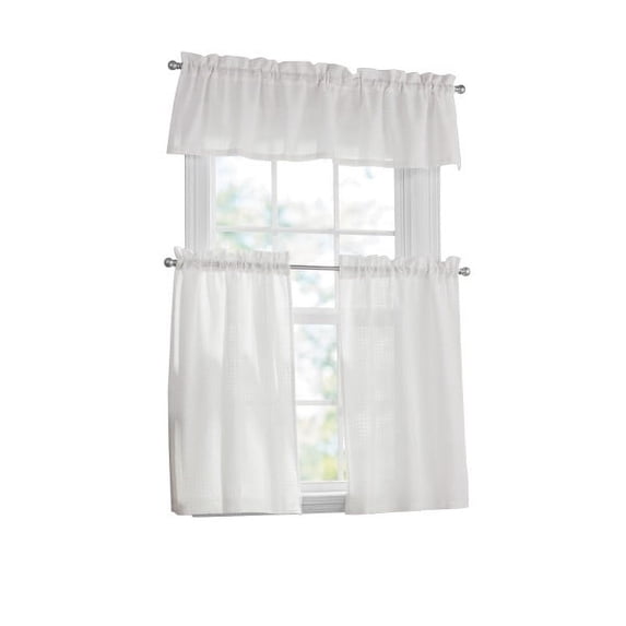 Mainstays 3 Pieces Waffle Weave Tier Set Arctic White, BCI Cotton, Polyester, Recycled Poly, 56"W x 14"L, Indoor Curtain, Adult