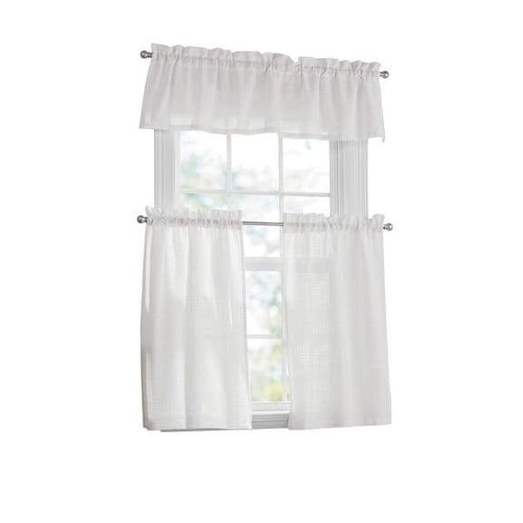 Mainstays 3 Pieces Waffle Weave Tier Set Arctic White, BCI Cotton, Polyester, Recycled Poly, 56"W x 14"L, Indoor Curtain, Adult