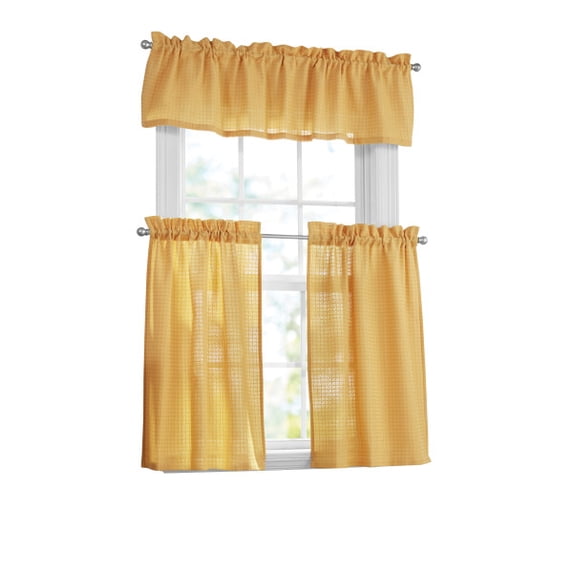 Mainstays 3 Pieces Waffle Weave Tier Set Golden Curry, BCI Cotton, Polyester, Recycled Poly, 56"W x 14"L, Indoor Curtain, Adult