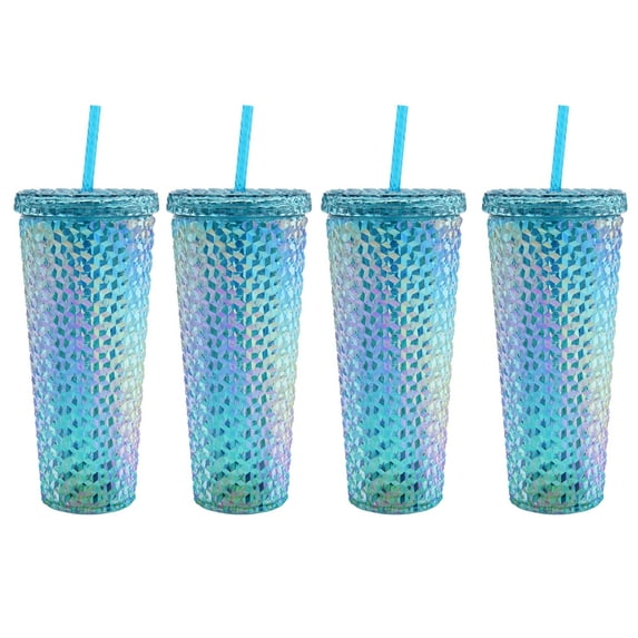 Mainstays 4-Pack 26-Ounce Acrylic Textured Tumbler with Straw, Iridescent Teal