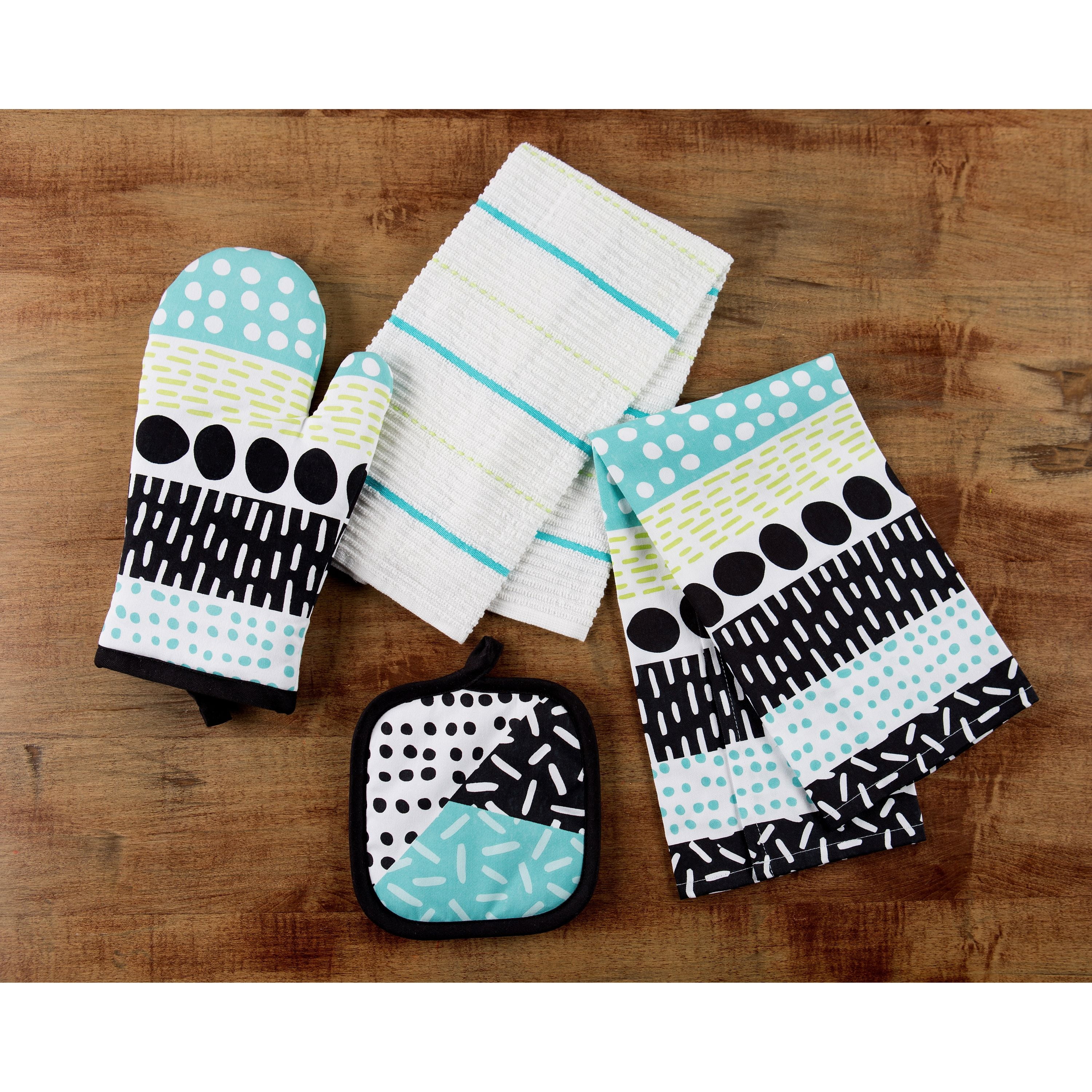 Oven Mitts and Pot Holders with Kitchen Towels Set (4 Piece Set)