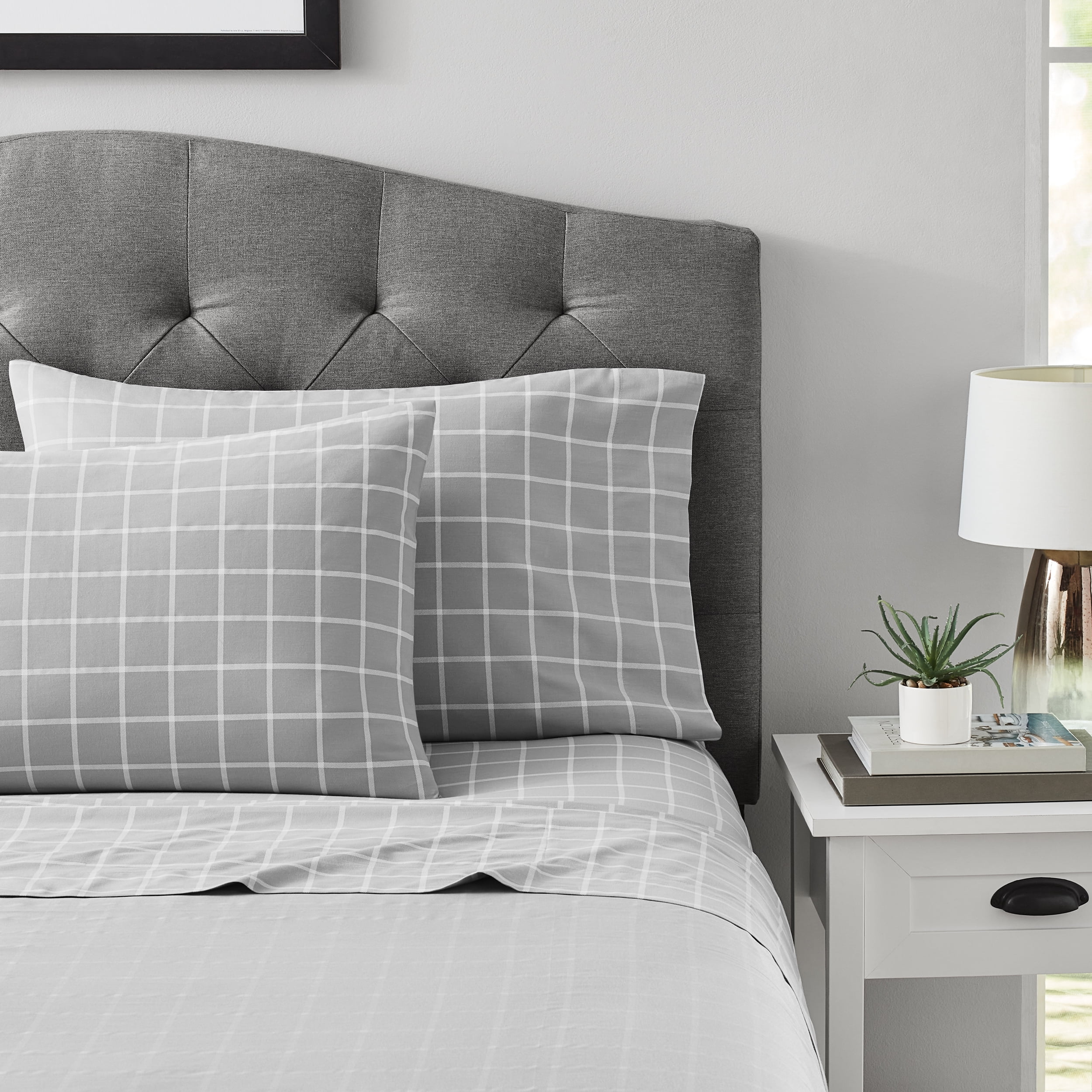 Mainstays 4Piece 300 Thread Count Silver Windowpane CVC Cotton Blend Bed Sheet Set, Full