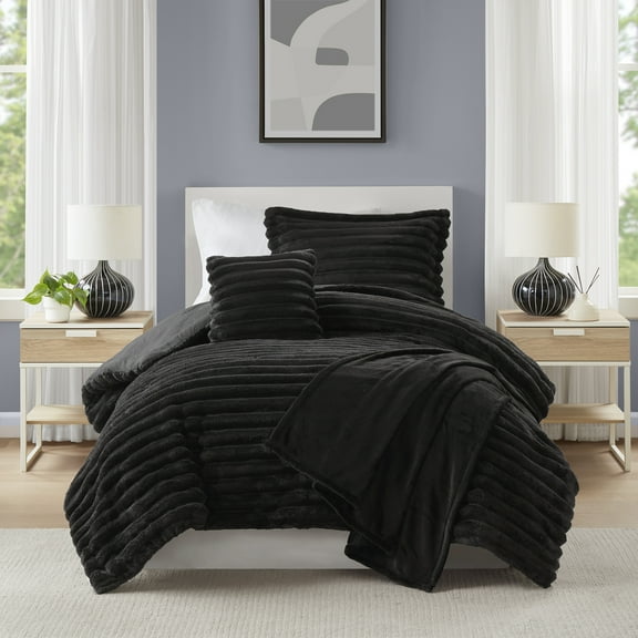 Mainstays 4-Piece Black Cozy Plush Comforter Set, T/TXL