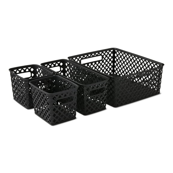 Mainstays 4-Piece Black Decorative Plastic Storage Basket Set, 14 in x 11.6 in x 5.3 in