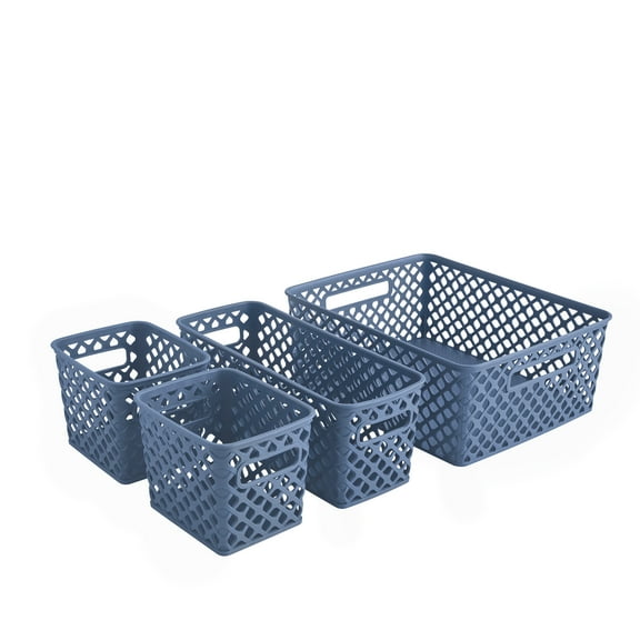 Mainstays 4-Piece Blue Decorative Plastic Storage Basket Set, 14 in x 11.6 in x 5.3 in