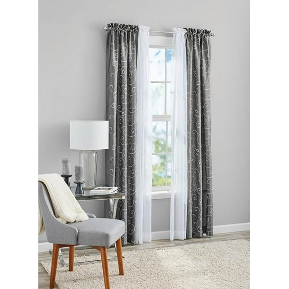 Mainstays 4 Piece Embroidered Curtain Panel Set, 27.5" x 84", Gray