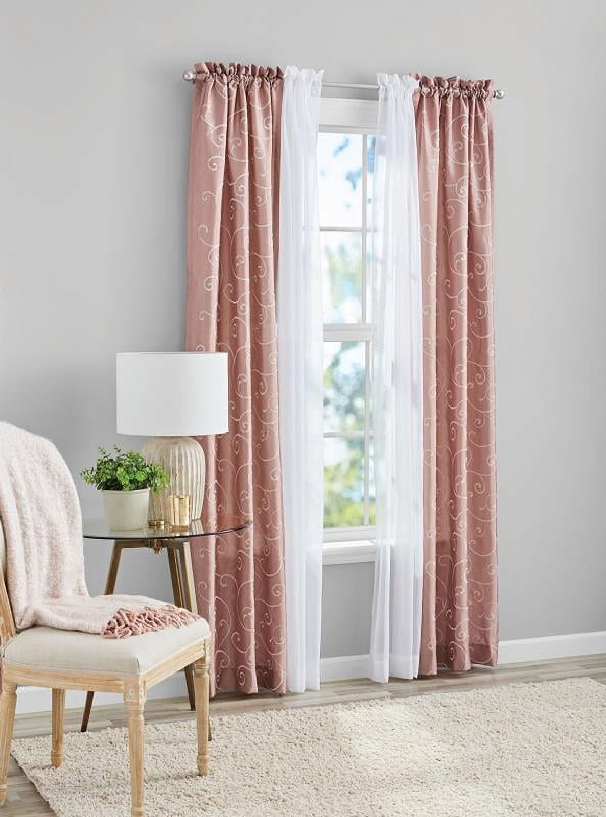 Mainstays 4 Piece Embroidered Curtain Panel Set, 27.5" x 84", Rose