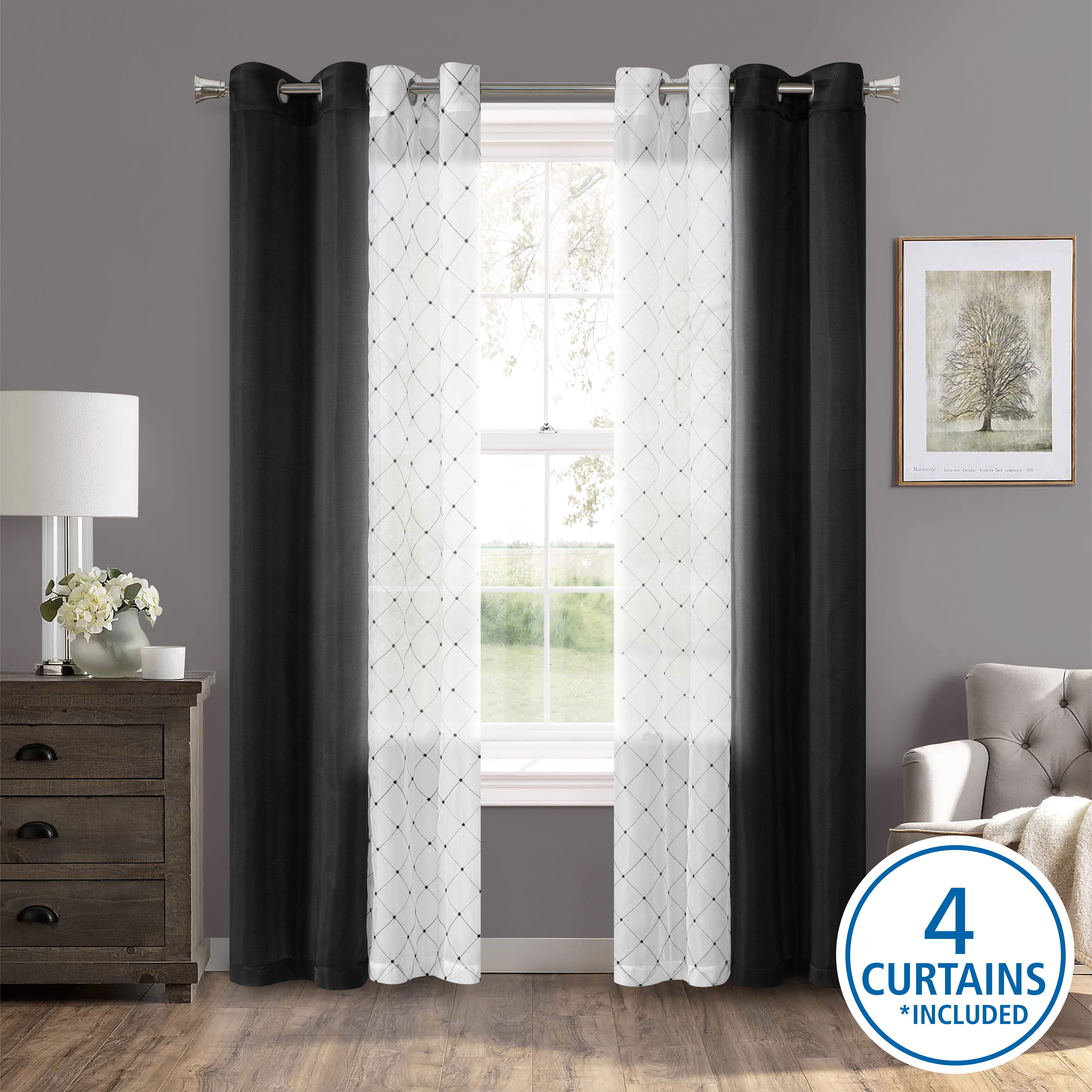 Mainstays 4 Piece Embroidered Curtain Panel Set, Black, 27.5" W x 54" L