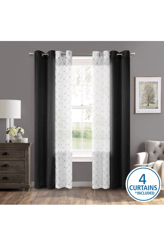 4 Piece Embroidered Curtain Panel Set, Black, 27.5" W x 95" L