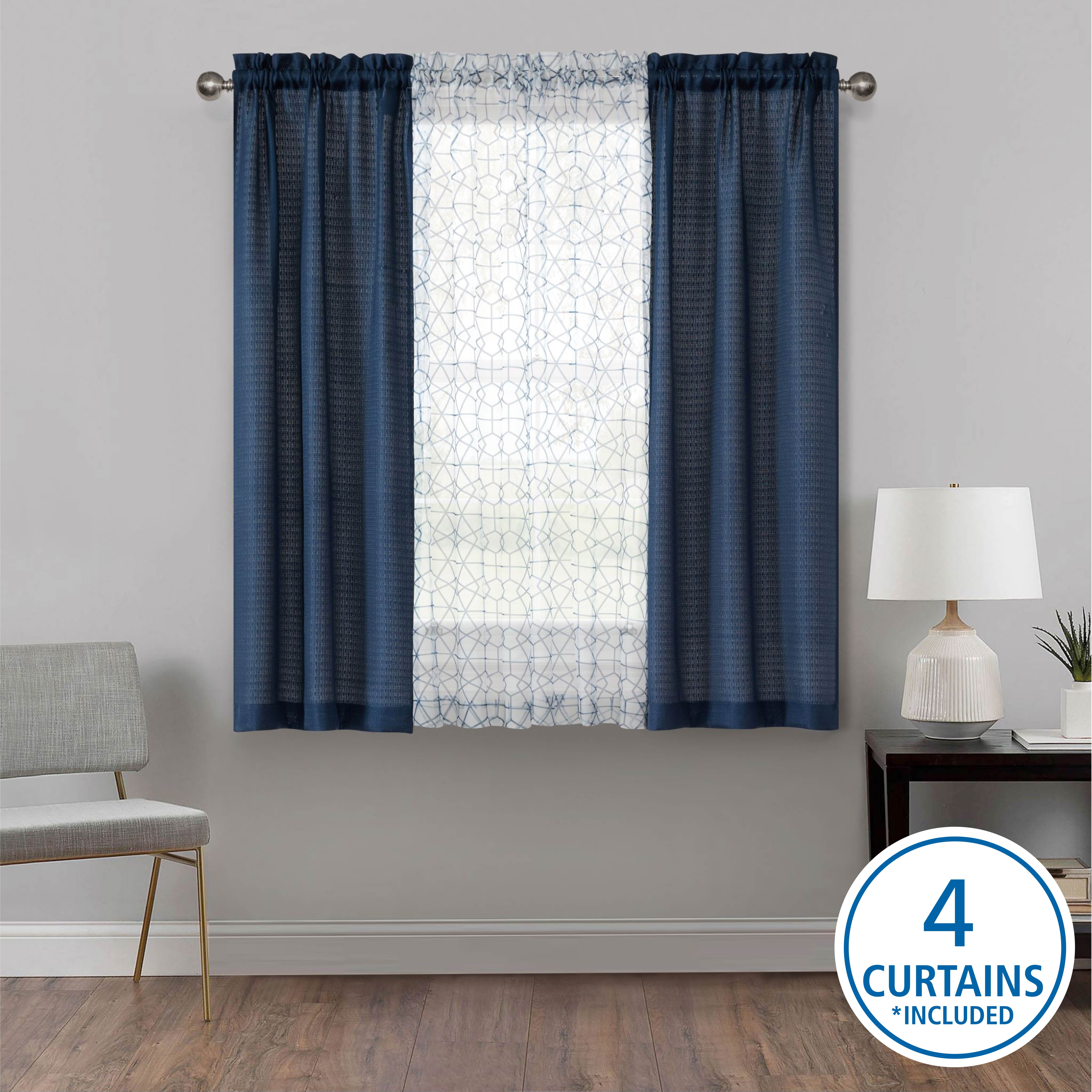 Mainstays Curtain and Sheers Set, 4 Panels, Blue Moon, 27.5" W x 63” L