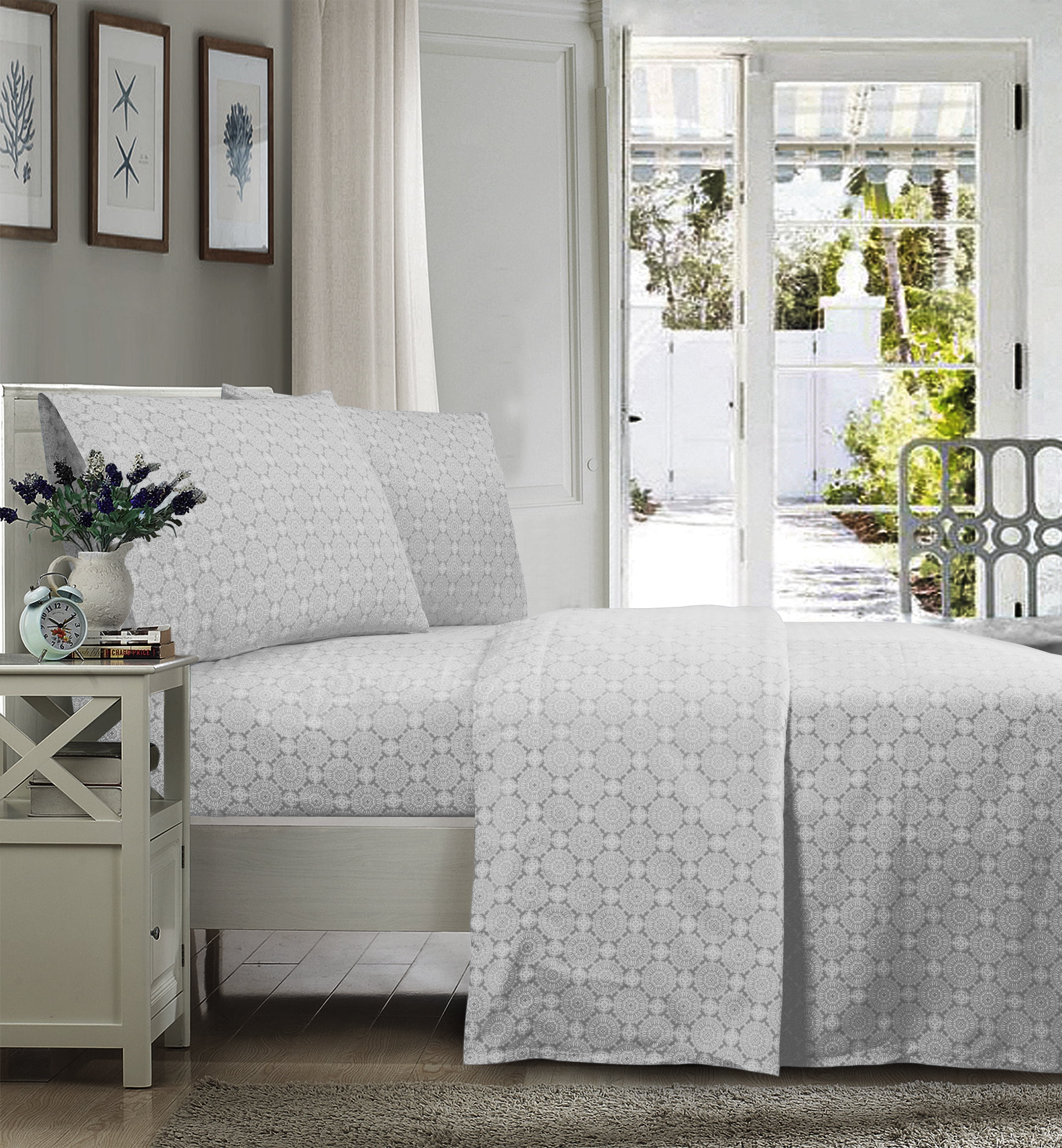 Mainstays 4-Piece Gray Medallion Microfiber Sheet Set, Full- Ultra Soft