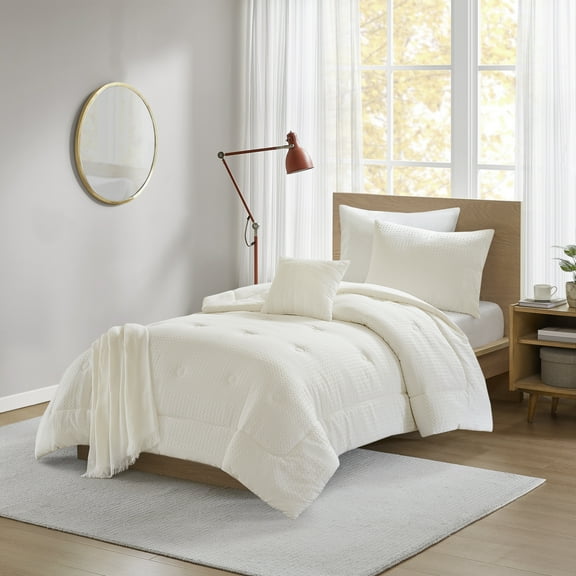 Mainstays 4-Piece Ivory Waffle Comforter Set, T/TXL