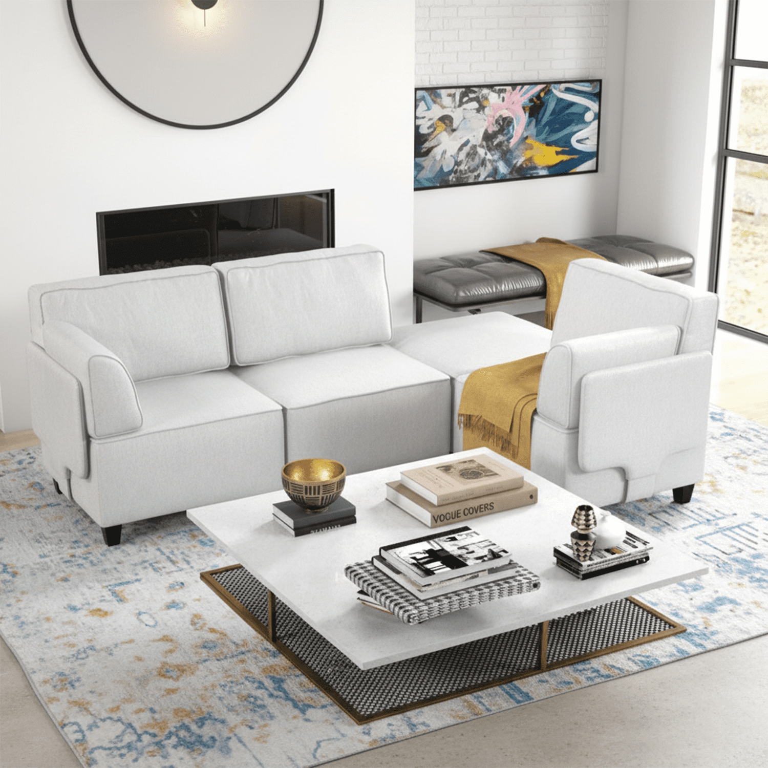 Mainstays 4-Piece Modular Sectional Sofa with Ottoman, Light Gray