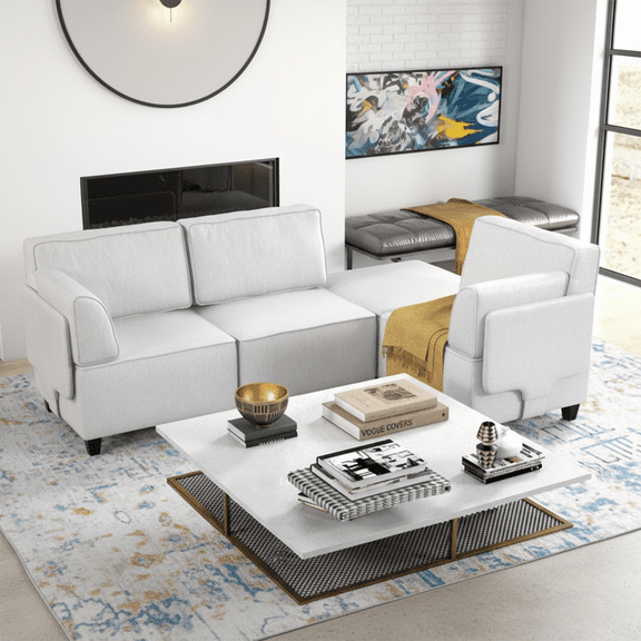 Mainstays 4-Piece Modular Sectional Sofa with Ottoman, Light Gray