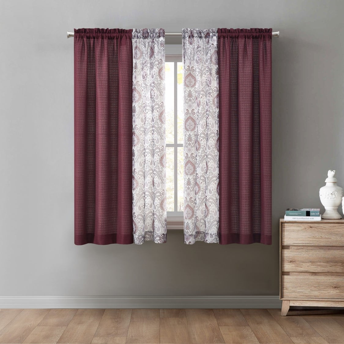 Mainstays Curtain and Sheers Set, 4 Panels, Burgundy, 27.5" W x 63” L