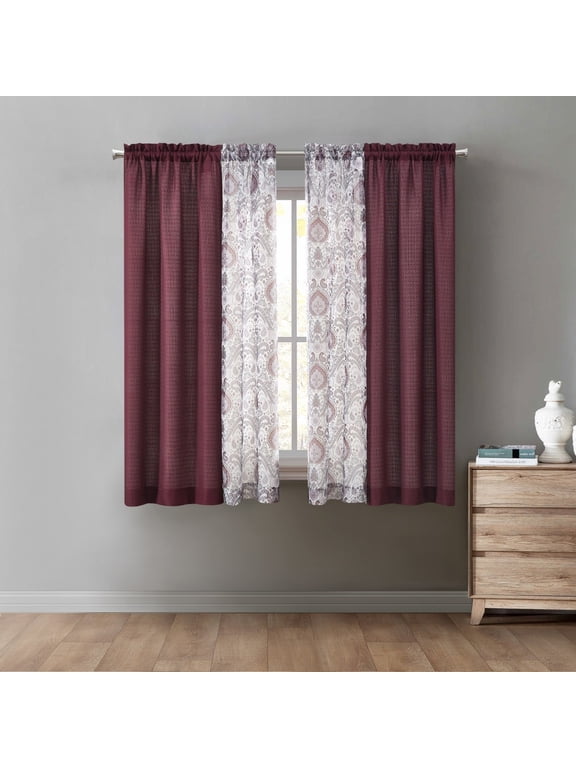 Curtain and Sheers Set, 4 Panels, Burgundy, 27.5 in x 63 in