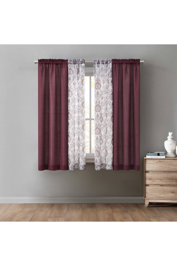 Curtain and Sheers Set, 4 Panels, Burgundy, 27.5" W x 63” L