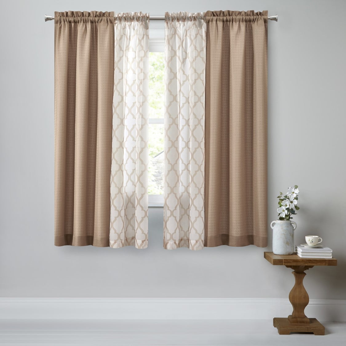 Mainstays Curtain and Sheers Set, 4 Panels, Tan, 27.5" W x 63” L