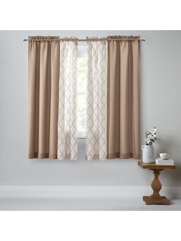 Curtain and Sheers Set, 4 Panels, Tan, 27.5" W x 63” L