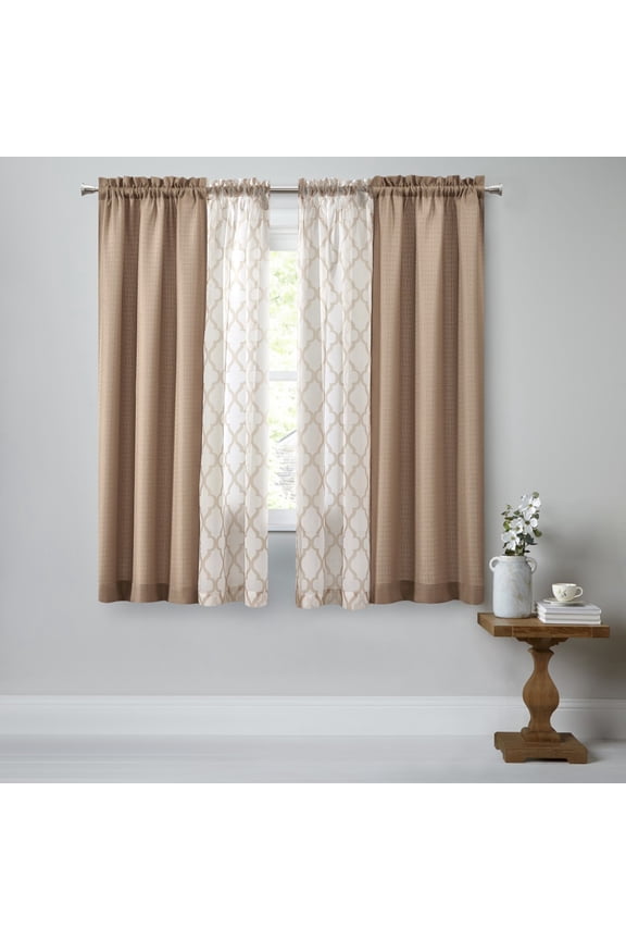 Curtain and Sheers Set, 4 Panels, Tan, 27.5" W x 63” L