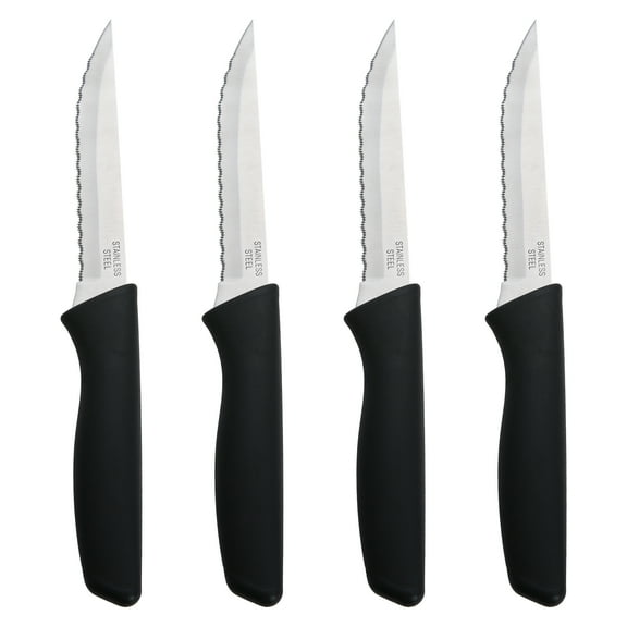 Mainstays 4-Piece Stainless Steel Steak Knife Set with Soft Grip & Black Handles