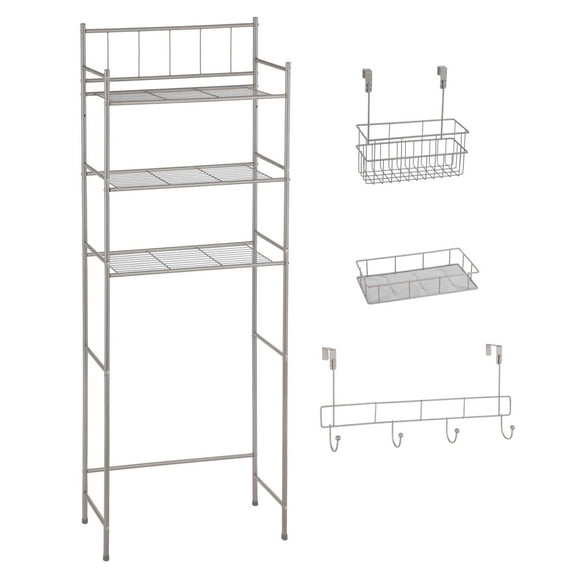 Mainstays 4-Piece Satin Nickel Over-the-Toilet Bathroom Storage Shelf Set with Wire Basket and Over-the-Door Hook