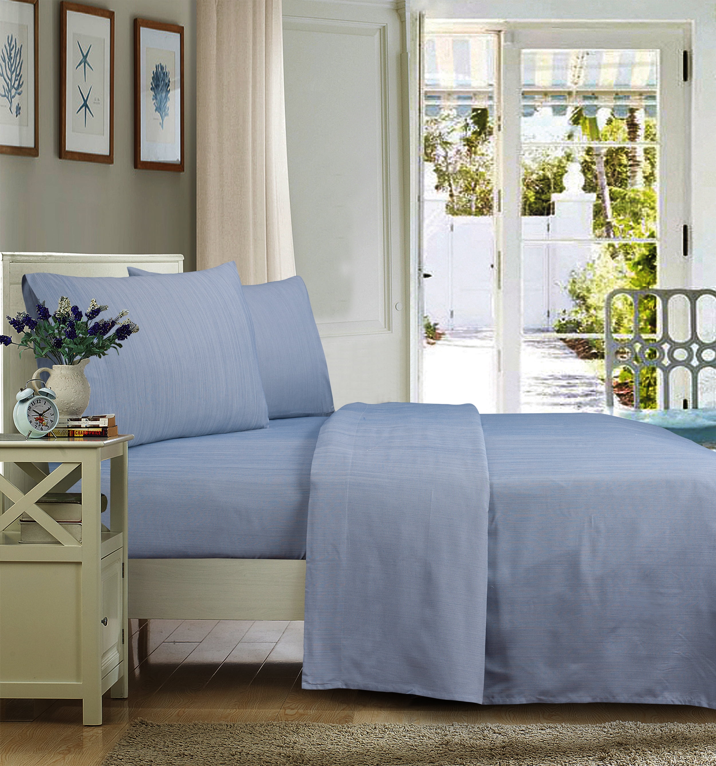Mainstays 4-Piece Ultra Soft Blue Stria Microfiber Sheet Set, King