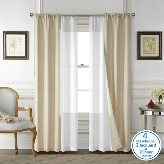 Mainstays 4 Piece Wave Jacquard Curtain Panel Set, Beige, 27.5" W x 63" L
