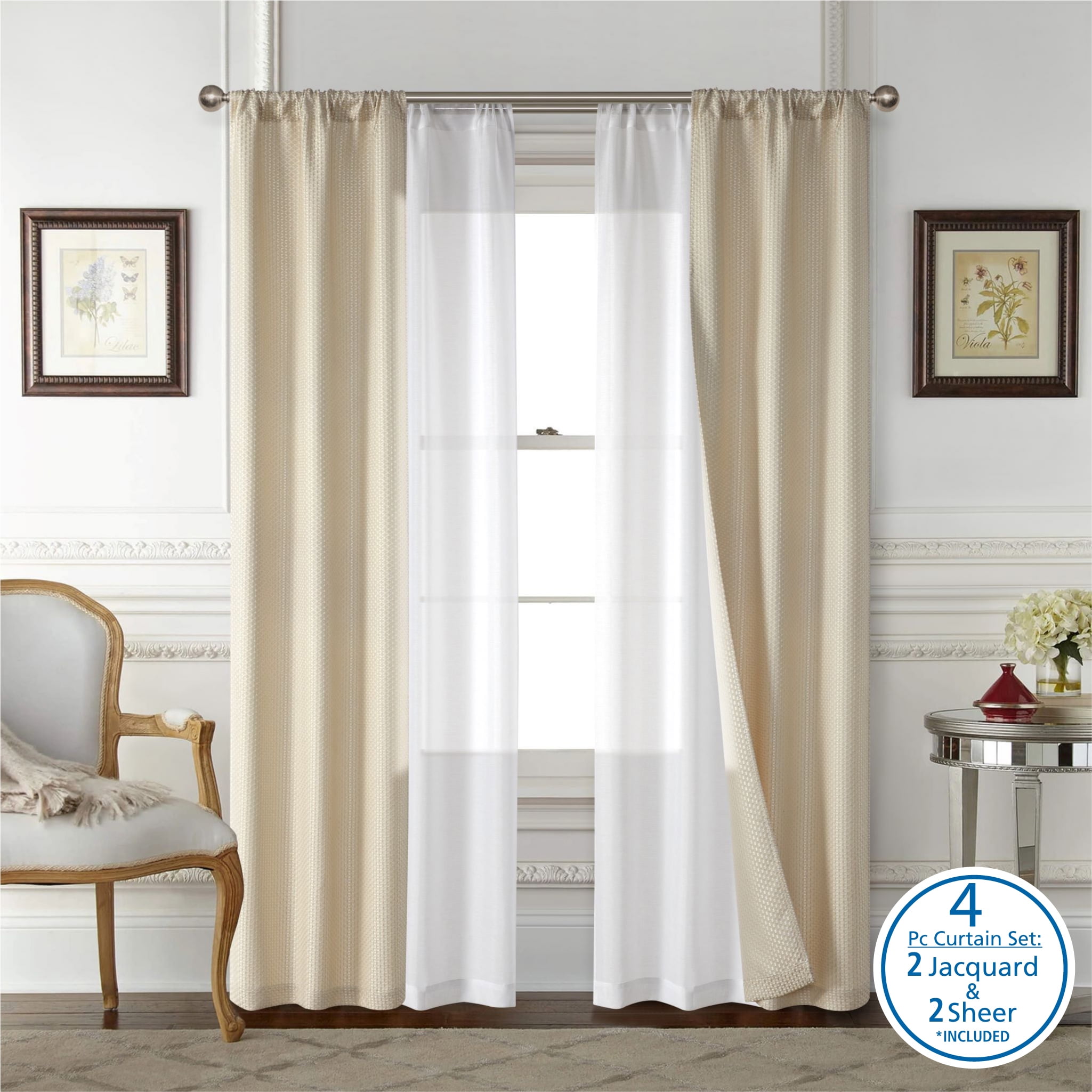 Mainstays 4 Piece Wave Jacquard Curtain Panel Set, Beige, 27.5