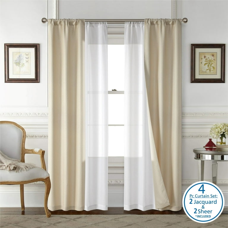 Mainstays 4 Piece Wave Jacquard Curtain Panel Set, Beige, 27.5
