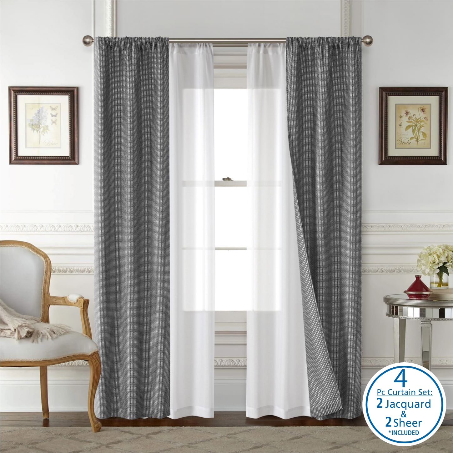 Mainstays 4 Piece Wave Jacquard Curtain Panel Set, Black, 27.5" W x 63" L