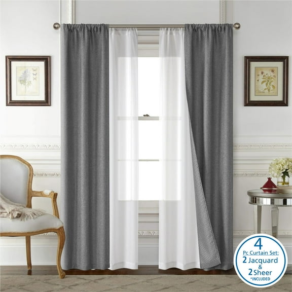Mainstays 4 Piece Wave Jacquard Curtain Panel Set, Dark Grey, 27.5" W x 84" L