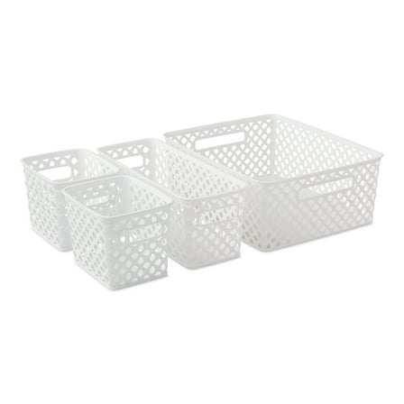 Mainstays 4-Piece White Decorative Plastic Storage Basket Set, 14 in x 11.6 in x 5.3 in