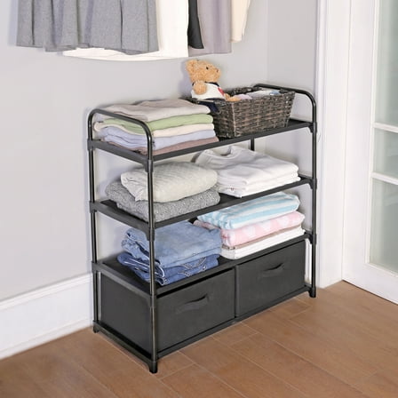Mainstays 4 Shelf Closet Storage Organizer for Clothes with 2 Fabric Bins, Black, Metal Frame