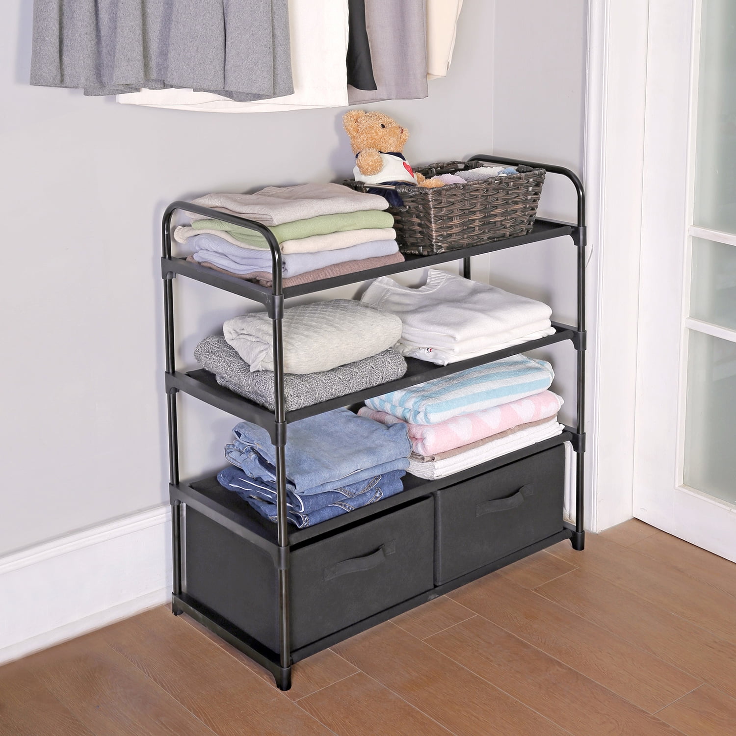 Mainstays 4 Shelf Home Closet Organizer with 2 Fabric Bins, Black