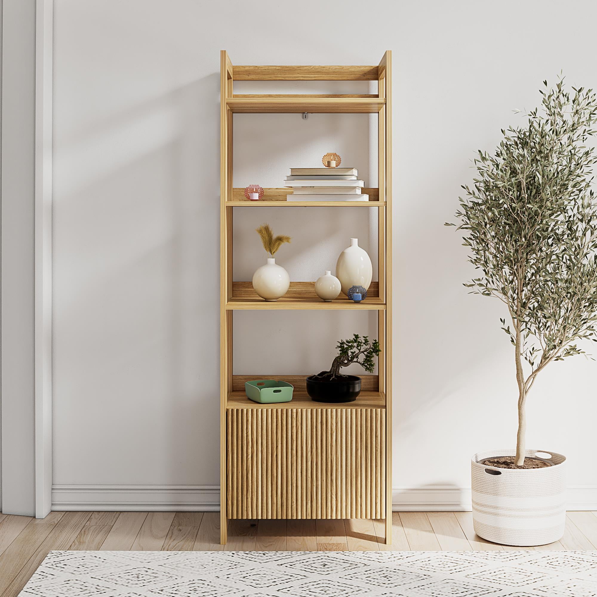 Mainstays 4-Shelf Reeded Bookcase with Drawer, Natural Teak