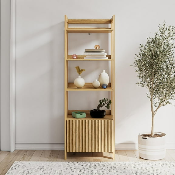 Mainstays 4-Shelf Reeded Bookcase with Drawer, Natural Teak