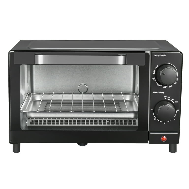 Mainstays 4 Slice Toaster Oven with 3 Setting, Baking Rack and Pan, Black,  New