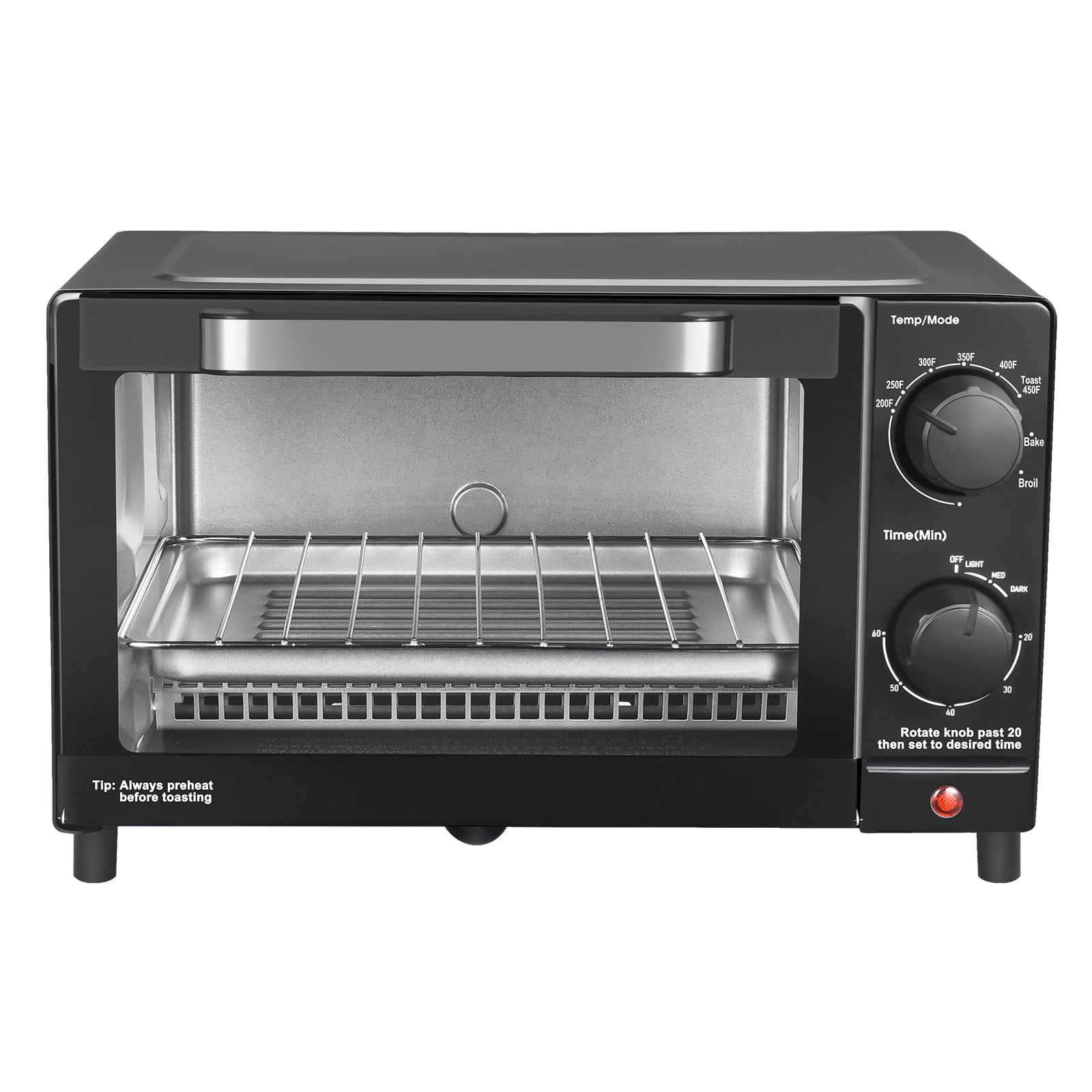 Mainstays 4 Slice Countertop Toaster Oven with 3 Settings, includes Baking Rack and Pan, Black, New