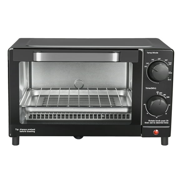 Mainstays 4-Slice Countertop Toaster Oven with 3 Settings, Includes Baking Rack and Pan, Black, New