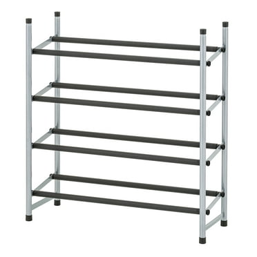 Mainstays 4-Tier Expandable Shoe Rack Black Rod, Steel Powder Coating Silver, up to 20 Pairs, 24.41-45.47" W x 9.06" D x 26.77" H