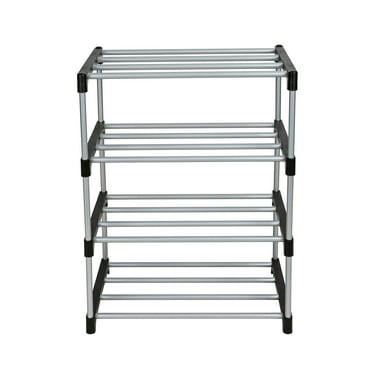 Mainstays 4 Tier Shoe Rack, Black and Silver, 8 Pairs of Shoes, Metal Tubes & Plastic Connectors