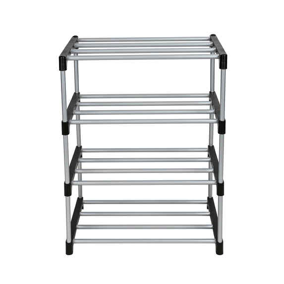 Mainstays 4-Tier Shoe Rack, Rich Black and Silver, Holds Up to 8 Pairs, Steel and Plastic Construction