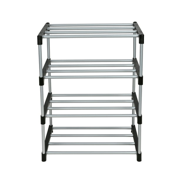 Mainstays 4 Tier Shoe Rack, Black and Silver, 8 Pairs of Shoes, Metal ...