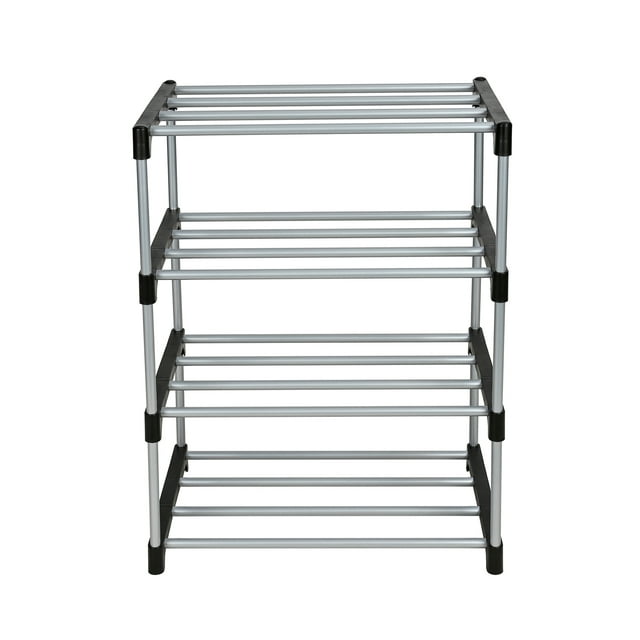 Mainstays 4 Tier Shoe Rack, Black and Silver, 8 Pairs of Shoes, Metal Tubes & Plastic Connectors