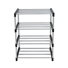 Mainstays 4 Tier Shoe Rack, Black and Silver, 8 Pairs of Shoes, Metal Tubes & Plastic Connectors